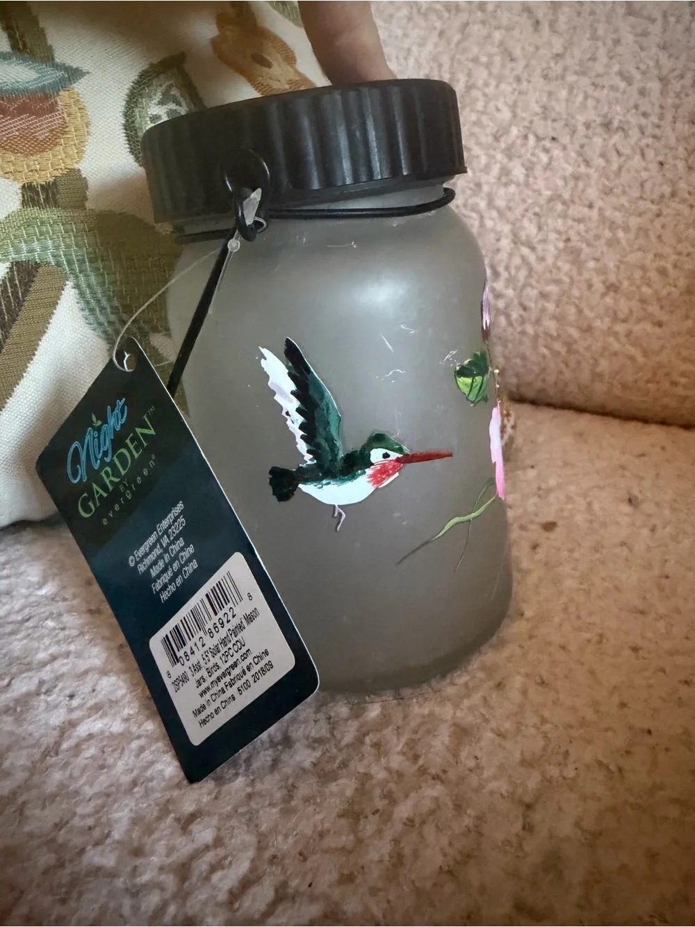 NEW Evergreen Set 2 Frosted Glass Bird/Floral Mason Jar Hanging Solar Lanterns